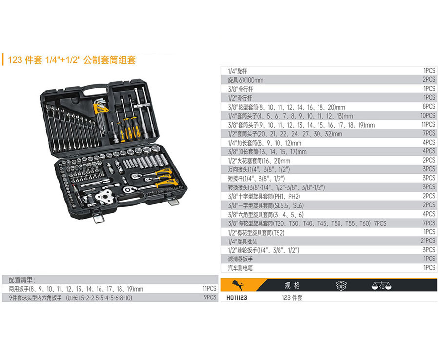 H011123 123件套1/4＂+1/2＂公制套筒組套