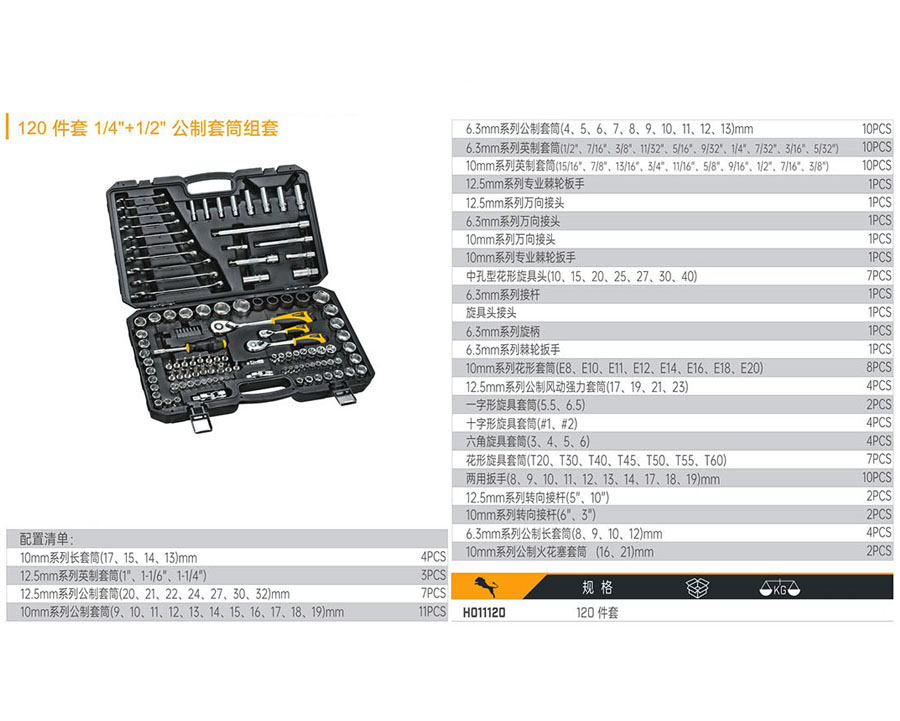H011120 120件套1/4＂+1/2＂公制套筒組套