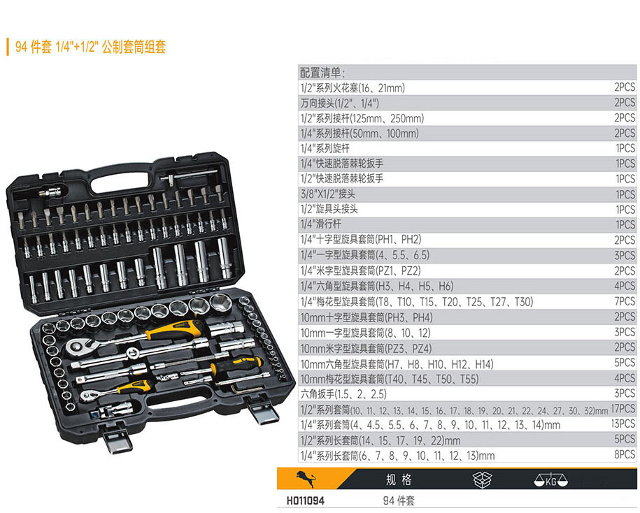 H011094 94件套1/4＂+1/2＂公制套筒組套