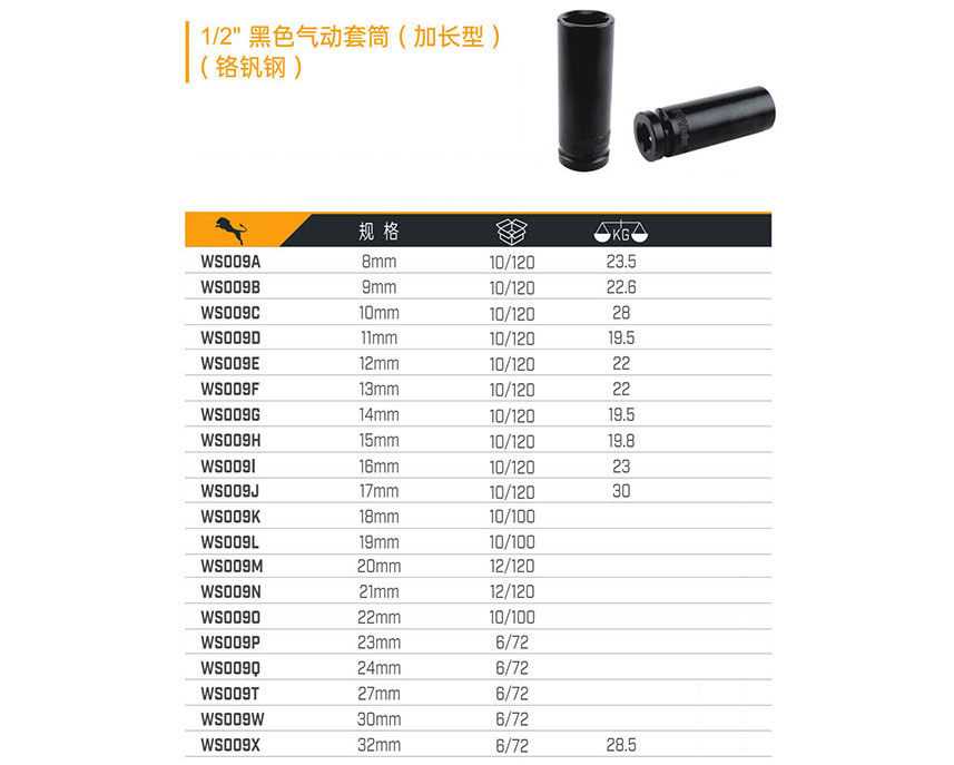1／2＂ 黑色氣動套筒（加長型）（鉻釩鋼）
