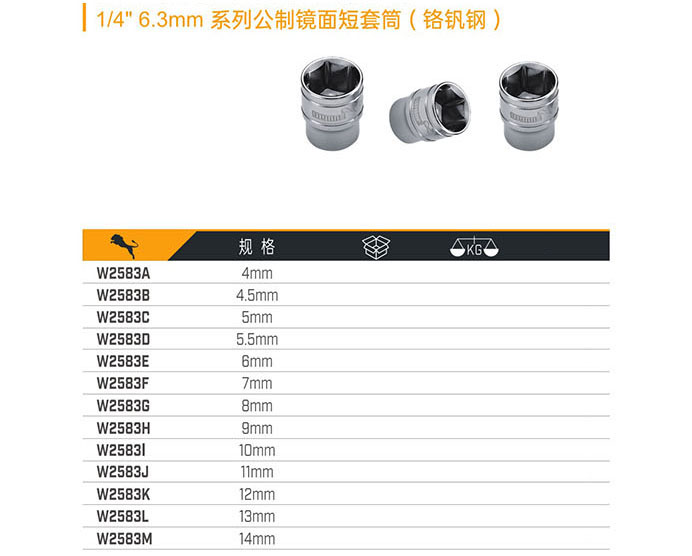 1／4＂6.3mm系列公制鏡面短套筒