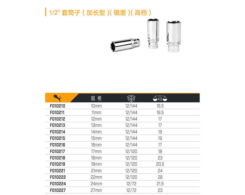 1／2＂套筒子（加長型）（鏡面）（高檔）